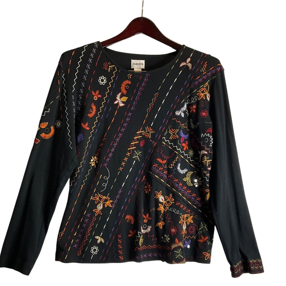 Chico's Top Black Embroidered Colorful Pullover Long Sleeve Jersey Boho 2/L/12